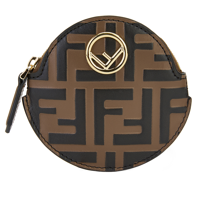 芬迪fendi 女士棕色牛皮ff压花圆形零钱包 8m0444 aafm f13vk