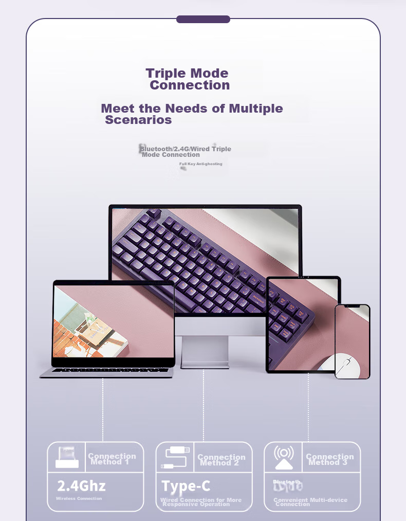 Hyeku Q3pro 87-Key Tri-Mode Wireless Bluetooth Customizable Mechanical Keyboard Hot-Swappable Gasket Structure Keyboard Gaming Office RGB Peach Soft Kaehua BOX Red Switch 7