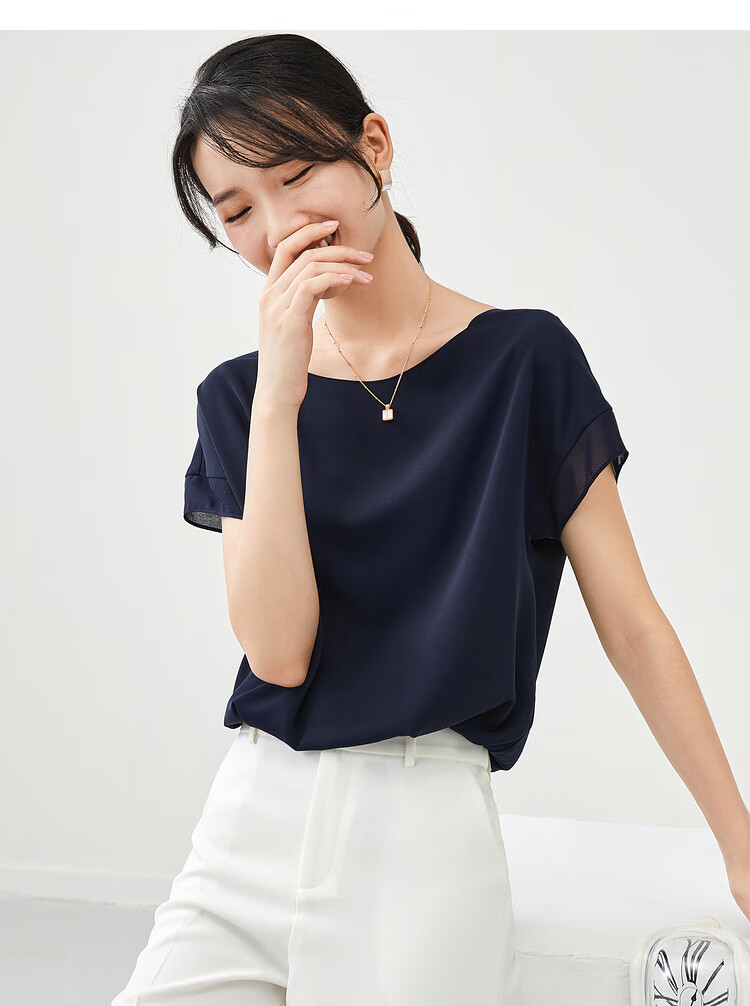 Sentubila Spliced Short-Sleeve Chiffon Blouse for Women, Slimming Tummy-Covering Top, Summer Lightweight Casual T-Shirt, Light Blue, S 27