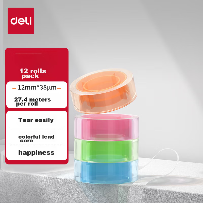 Deli Easy-Tear Colored High-Transparency Tape, 12mm*30y Small Tape, Gift Box Packaging Paper Repair, Back-To Essential School Supplies, Crystal Core 12 Rolls/tube JD812