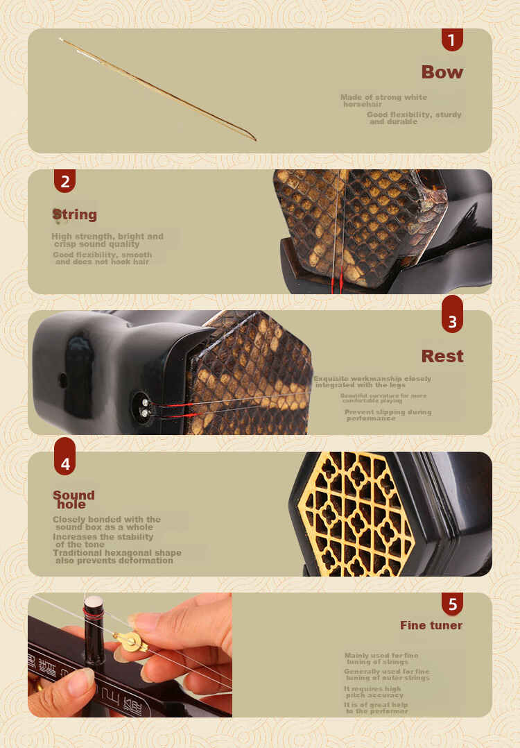 HongYiFengMing Rosewood Erhu for Beginners' Practice, Handcrafted Python Skin Hexagonal Erhu with Adjustable Bridge, Traditional Chinese Musical Instrument 10