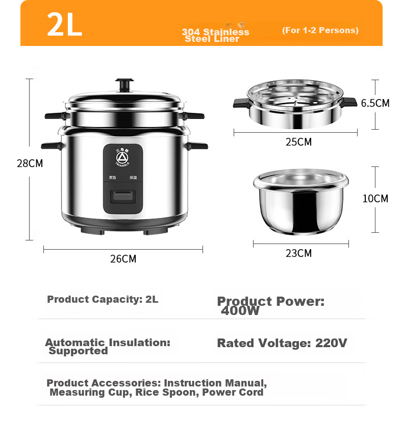 Triangle Rice Cooker, Traditional Electric Rice Pot, Stainless Steel Household 4L Cooking Pot for 3-4 People, 304 Stainless Steel Inner Pot with Steamer, TG-Z40X12ZK 14