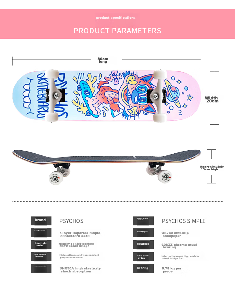Psychos Boiling Point Skateboard Kids Teens Boys Girls Double Kickboard Beginner Professional Street Board Mengqixing 3