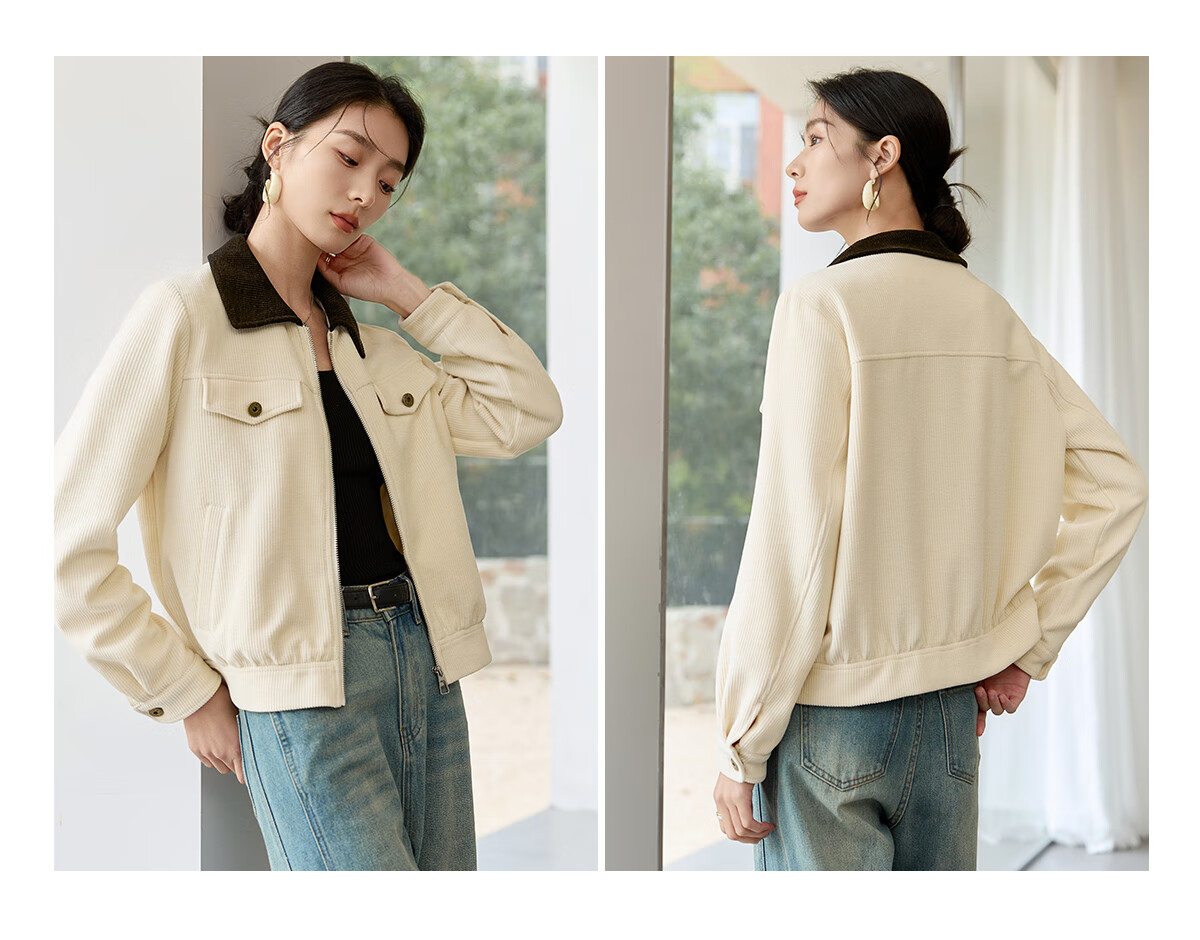 Chushen Vintage Corduroy Short Jacket for Women, Fashionable Color-Block Collar, Casual Versatile Short Coat S51D018 11