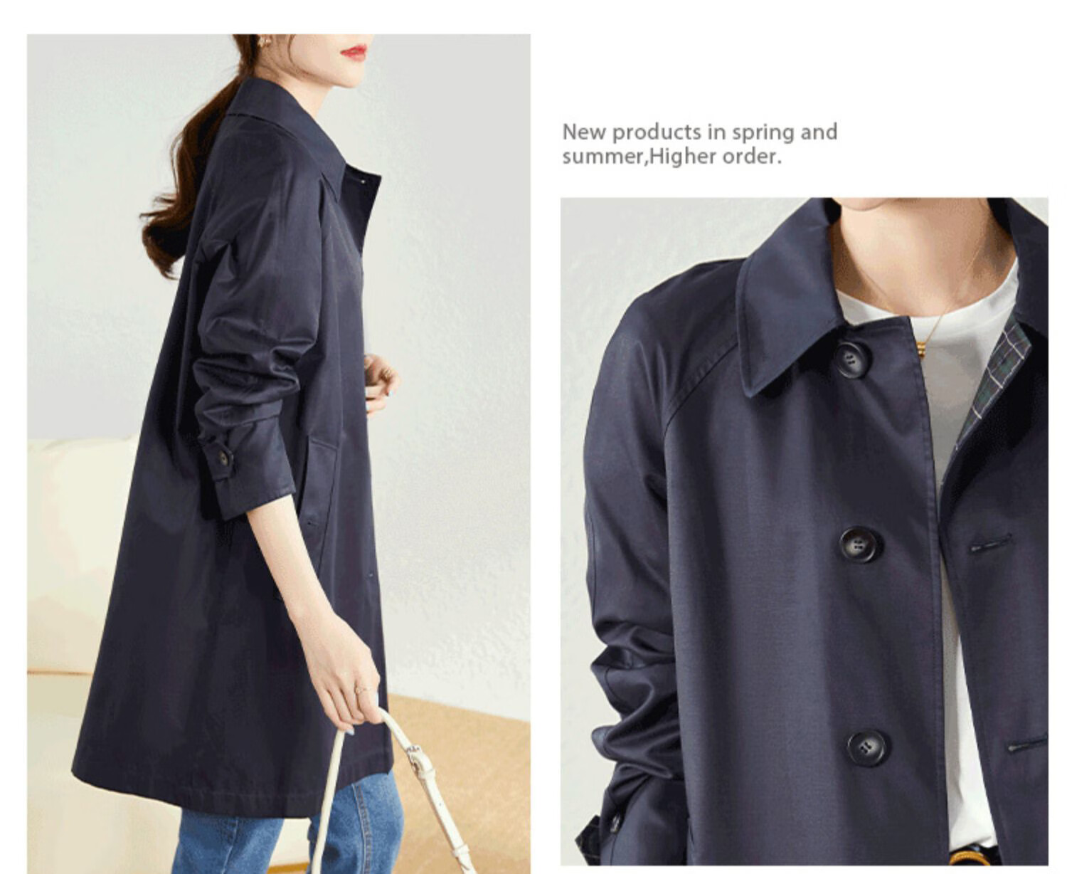 AOTUN British Style Women's Mid-Length Trench Coat Korean Version Slim Straight Jacket AT2359 Navy XXL 17