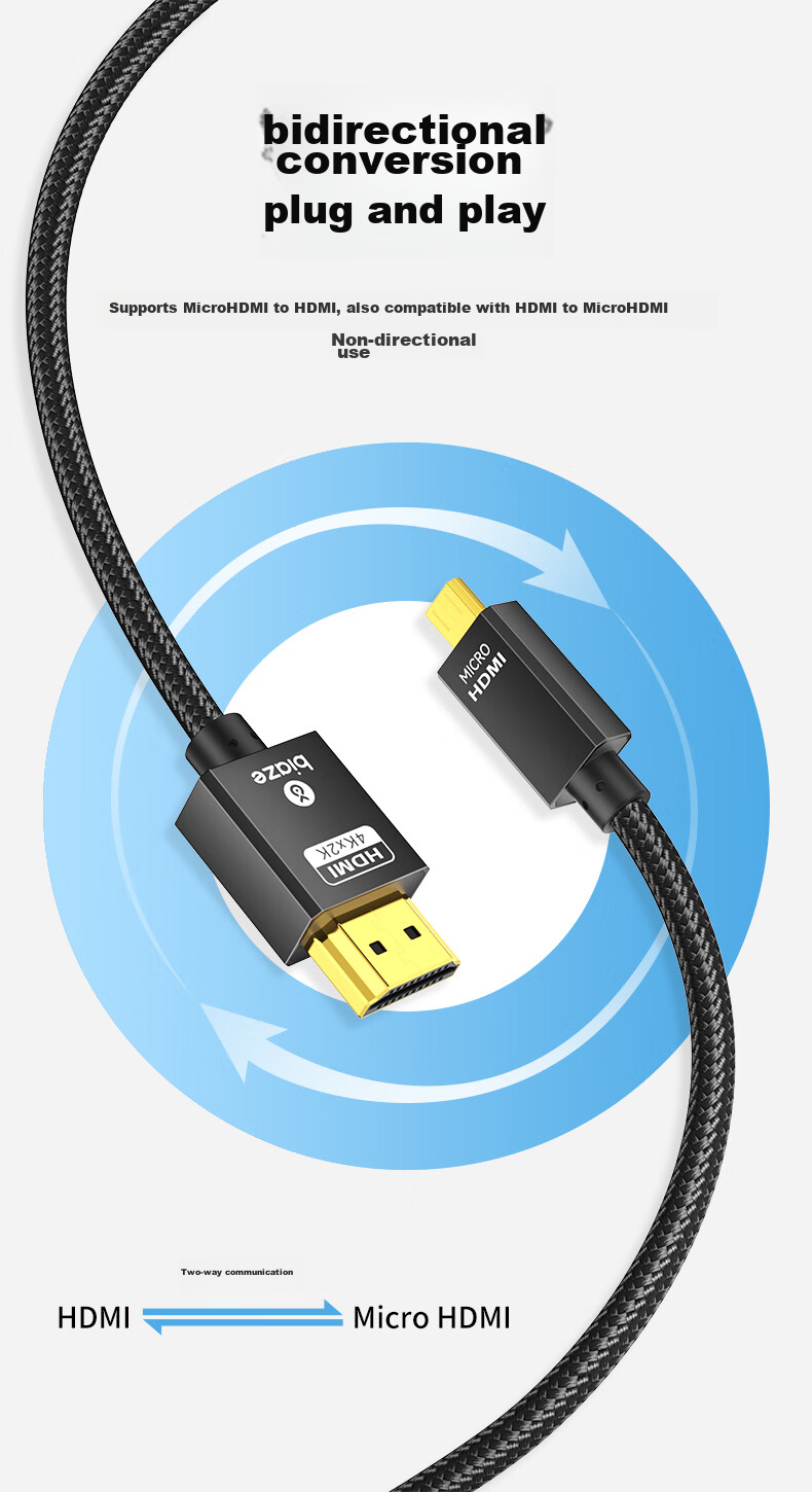 BIAZE Micro HDMI to HDMI Adapter Cable, HDMI 2.0 Version, 4K/60Hz High-Definition Conversion, for Connecting Laptops, Tablets, Cameras to Monitors, TVs, And Projectors 4