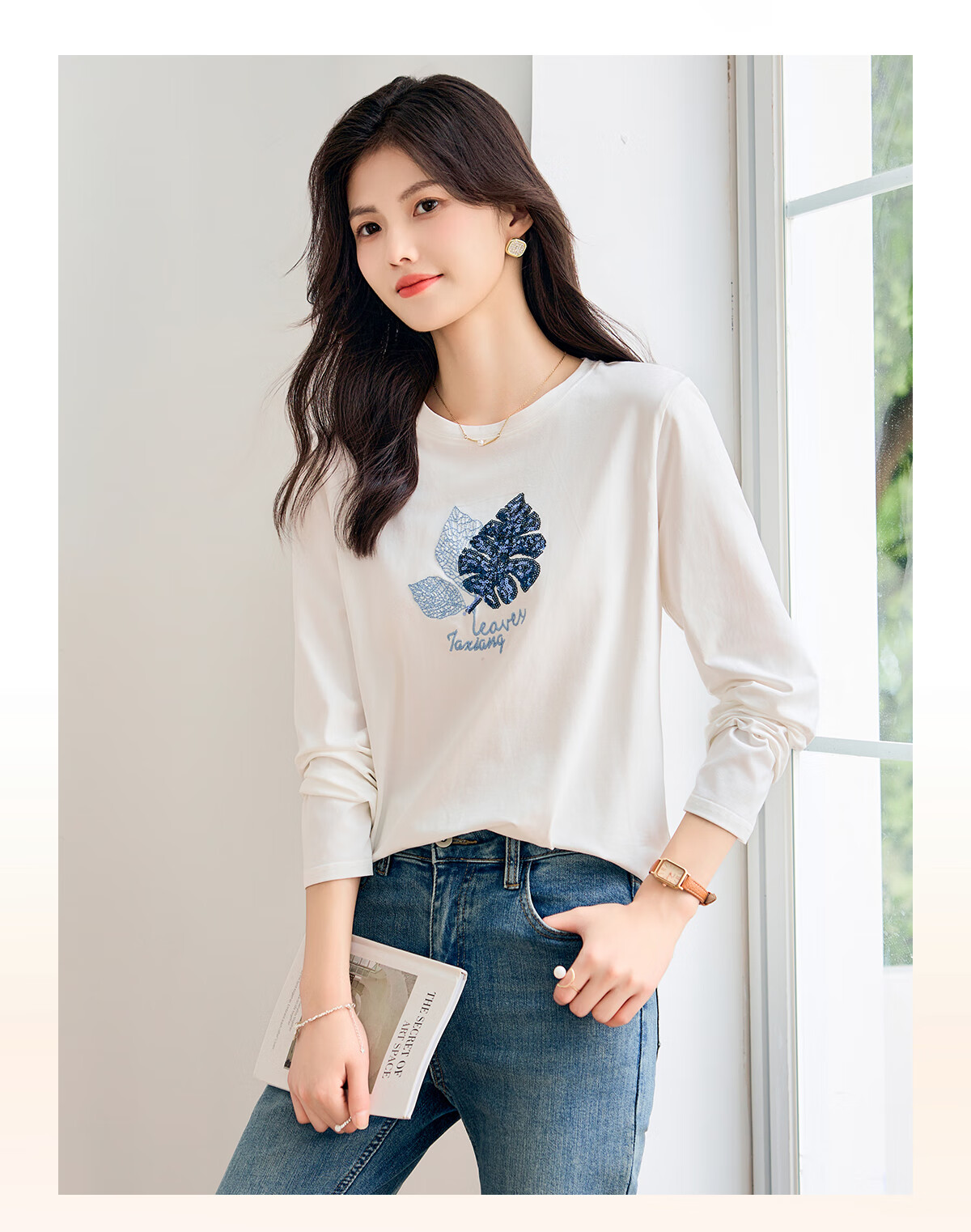Taxiang Long-Sleeve T-Shirt for Women, Round Neck with Sequin Embroidery, Spring And Autumn Casual Versatile Ladies' Base Shirt T141T2719 3