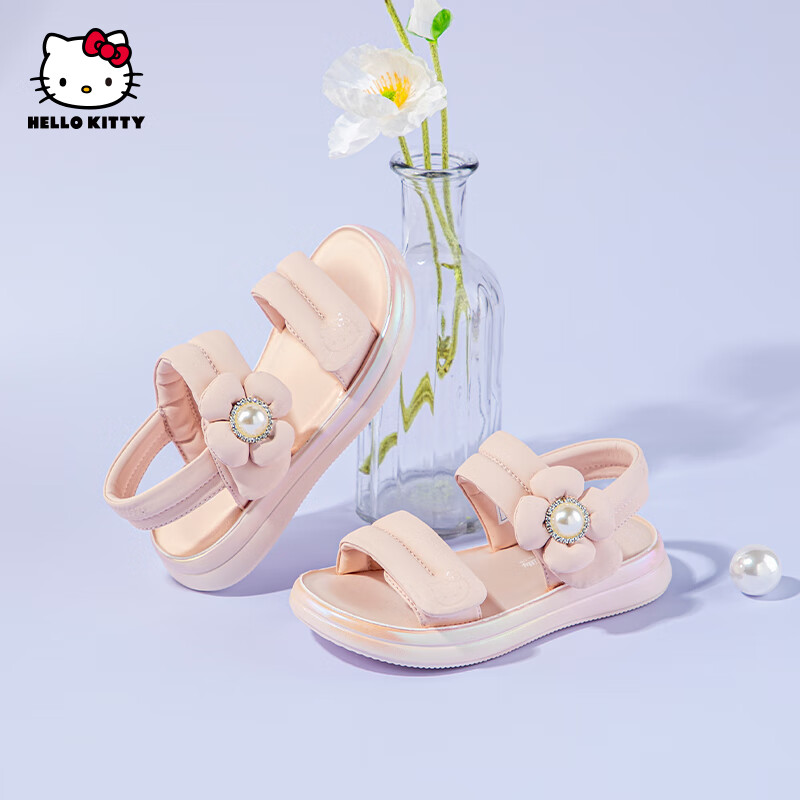 HELLOKITTY Girls' Sandals, Summer Princess Flower Style with Single Strap, Trendy Open-Toe Beach Sandals, 6823 Pink, Size 32
