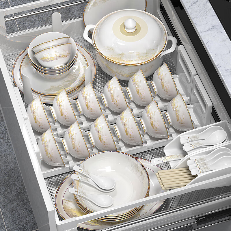 Luowei Jingdezhen Household Ceramic Tableware Set, Bowls And Plates, Dishwasher Safe, Housewarming Gift, "Great Rivers And Mountains" Design, 62 Pieces