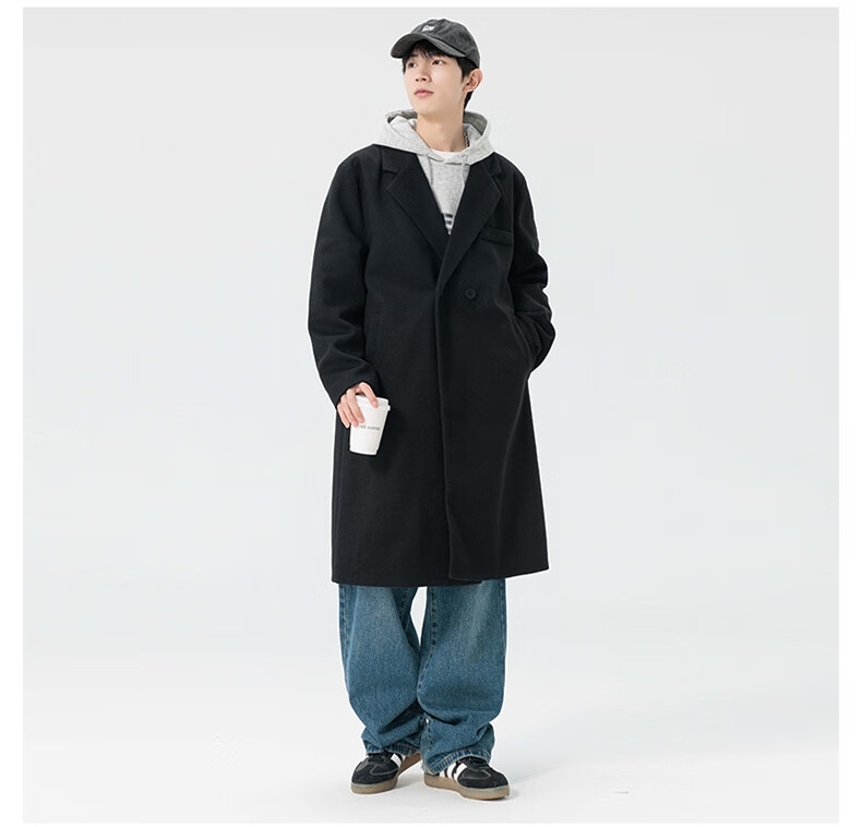 Dingfengbaoluo Men's Woolen Coat Autumn Winter Mid-Length Korean Style High-Quality Loose Over-the-Knee Wool Trench Coat HT88 Black 5XL 8