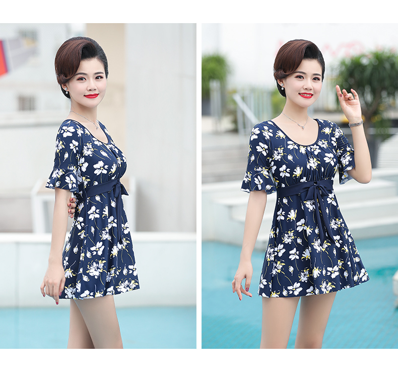 F.DYRAA Women's Swimsuit, Hot Spring Slimming Dress, Breathable Middle-Aged And Elderly Mom Swimwear Three-Piece Set 11703 Deep Blue Yellow Flower XL 10