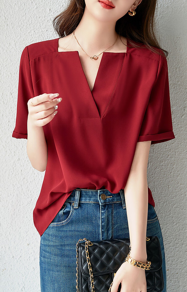 Dme [Work Outfit] Summer New French Elegant V-Neck Shirt, Skin-Friendly Cool Smooth Slimming Blouse, Women's Top 14