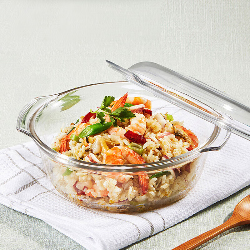 GLASSLOCK Imported Tempered Glass Bowl with Lid, Microwave-Safe Large Salad Bowl, Transparent Double-Handled Soup Bowl Tableware 1030ml