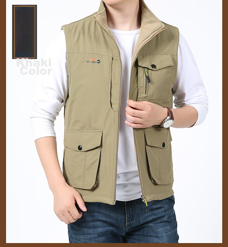 VANCAMEL Men's Vest, Outdoor Casual Multi-Pocket Sleeveless Waistcoat, Quick-Dry Loose Workwear Jacket, Khaki, XL 24
