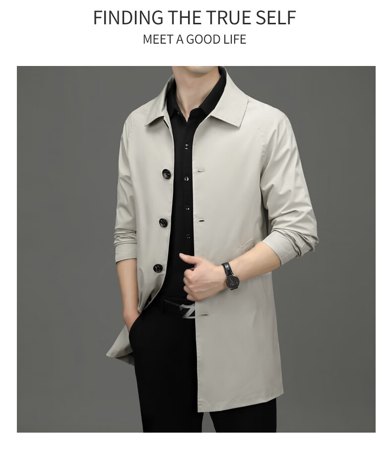 ROMON Men's Trench Coat, Spring And Autumn Business Casual Mid-Length Overcoat, Outerwear Jacket D-2021 Black XL 11