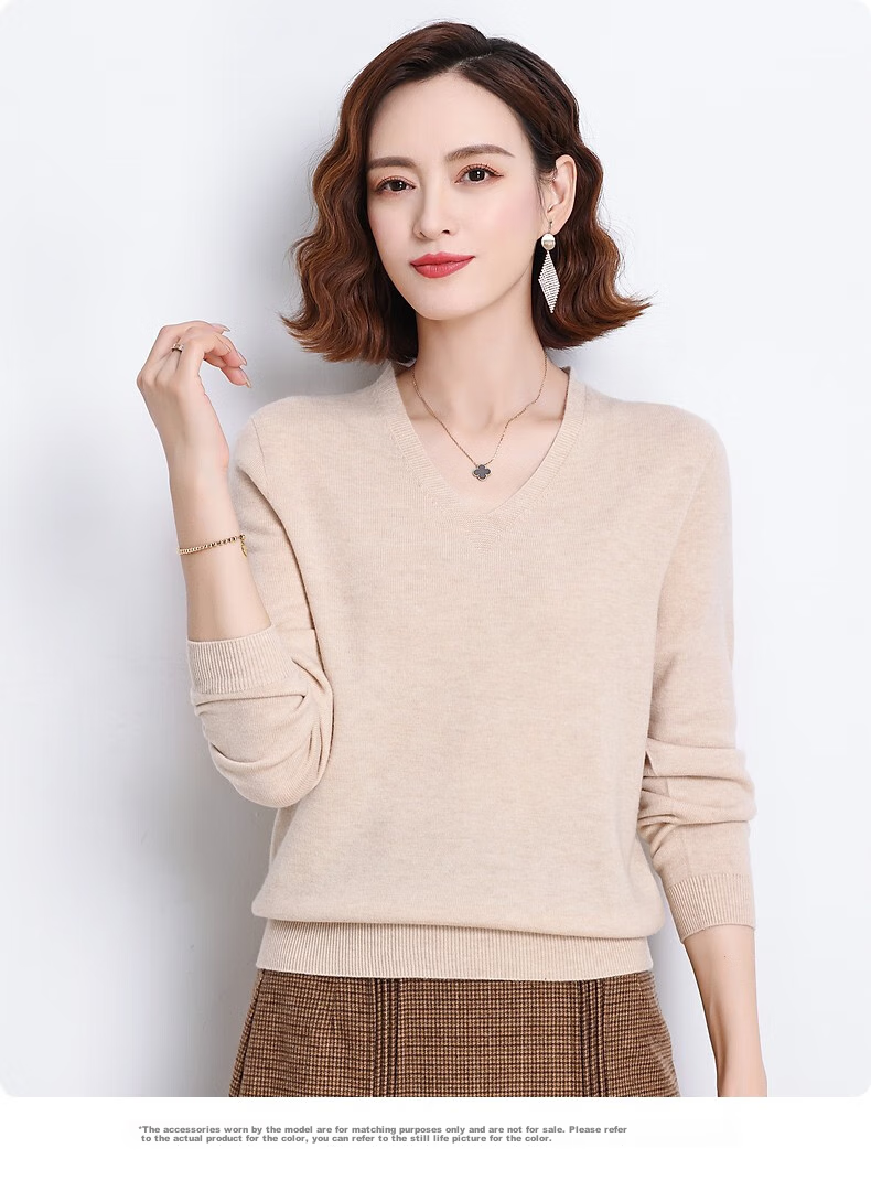 Hengyuanxiang 100% Pure Wool Sweater for Women, V-Neck Loose Base Layer, Autumn And Winter Warm Fashion Knit Sweater, Women's Top 25