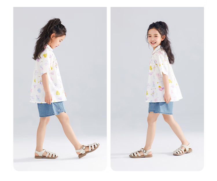 QQ DUCK Girls' Shirt Summer Children's Cute Lapel Short-Sleeve Youth Clothing Graffiti White; 140 13