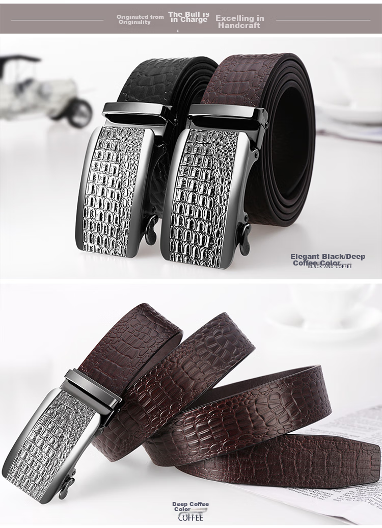 Cattlesboss Men's Leather Belt with Automatic Buckle, Alligator Pattern Business Belt 7075 Gift Elegant Black 110cm 11