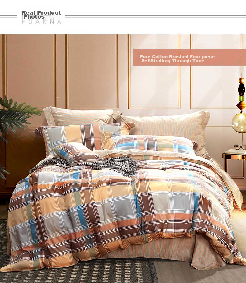 FUANNA 100% Pure Cotton Brushed Four-Piece Bedding Set, Double-Sided Thickened Cotton Bed Sheet And Duvet Cover, King Size 230*229cm 7