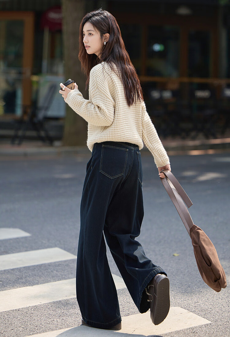 Dme Simple Blue Straight-Leg Pants Winter Style Double-Buckle Wide-Leg Design Fleece-Lined Jeans for Wome 6