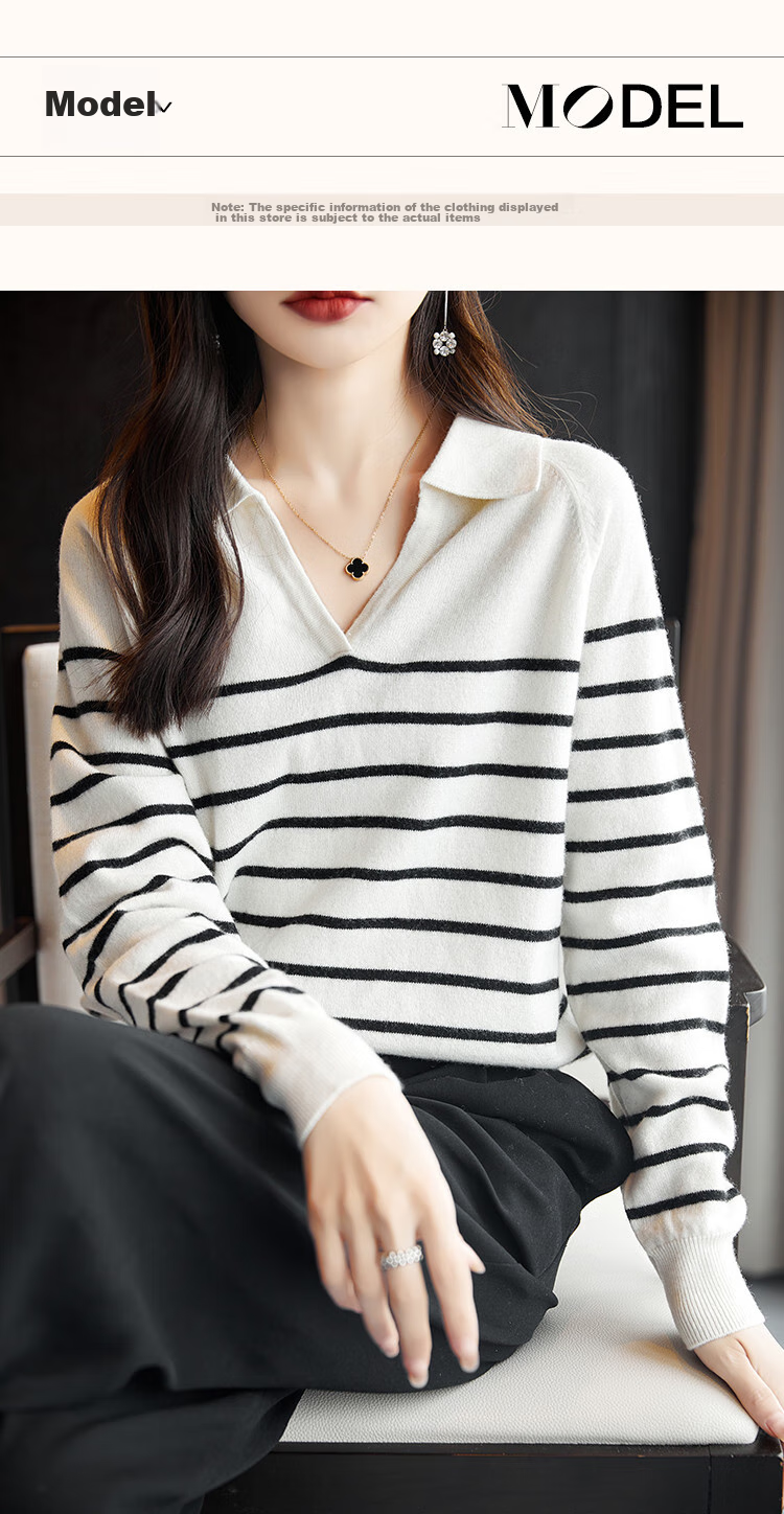 Dme Wool V-Neck Striped Sweater, Elegant And Relaxed Women's Wool Sweater, Black, L 10