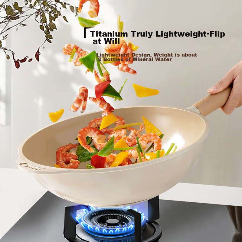 Amercook Titanium Ceramic Non-Stick Wok, Flat Bottom Frying Pan, Stir-Fry Titanium Pot, Household Concave Design for Induction And Gas Stoves