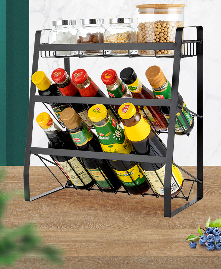 Ourunzhe Kitchen Storage Rack, Countertop Oil Bottle Holder, Spice Rack, Condiment Organizer, No Drilling Required, Desktop Storage Shelf, Slanted Design, 3-Tier 2