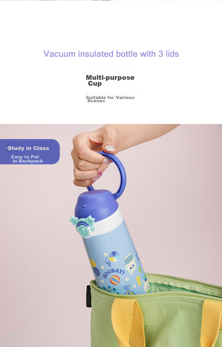 LOCK&LOCK Children's Insulated Cup, Elementary School Student Sports Water Bottle, Kindergarten Straw Cup, 316L Stainless Steel Cup, Blue, 500ML 10