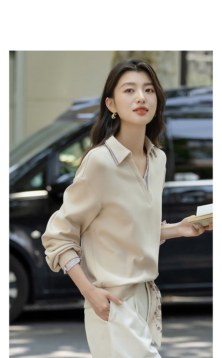 Demana [Soft 280G Air Layer] Autumn Smart Sense Light Stripe Splicing V-Neck Collar Women's Sweatshirt Top 1