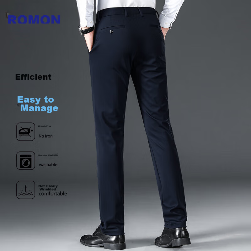 ROMON [Wrinkle-Free, Easy-Care] Men's Dress Pants, High-Waist Business Trousers, Casual Straight-Leg Pants