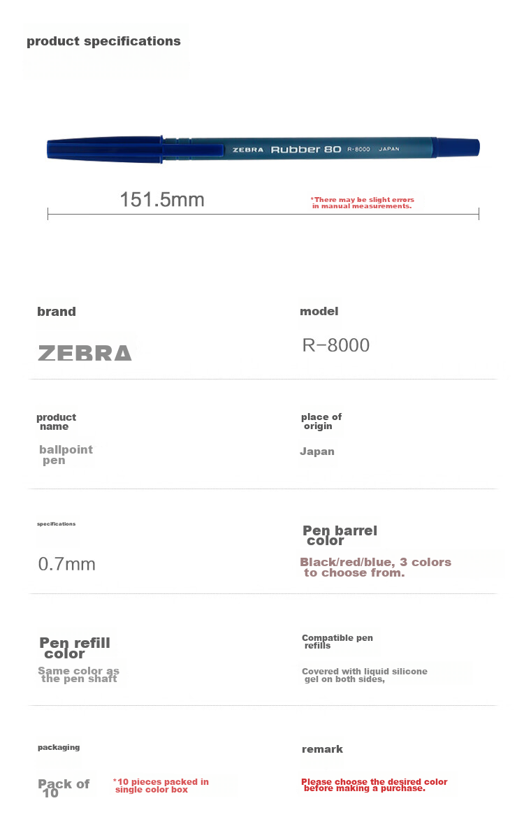 ZEBRA Rubber Barrel Ballpoint Pen, 0.7mm Bullet Tip, Medium Oil Pen, R8000, Blue, Pack of 10 8