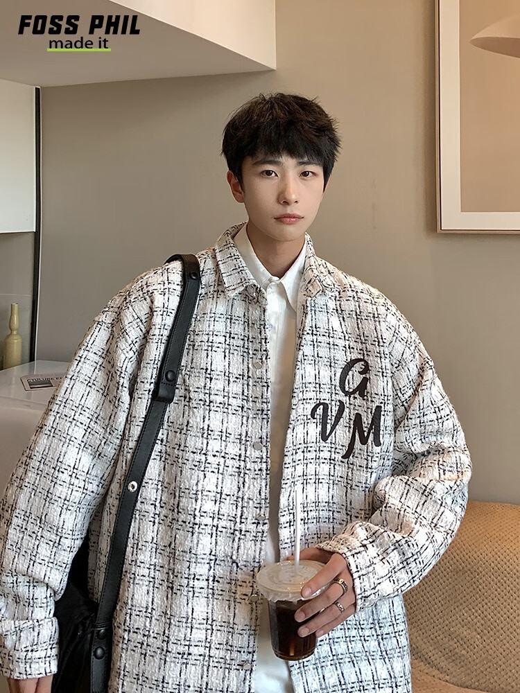 Foss Phil Men's Jacket, Spring And Autumn Fashion Brand Chanel-Style Coat, Plaid Lapel, Korean Version Loose Outerwear, FPJK10 Black M 15