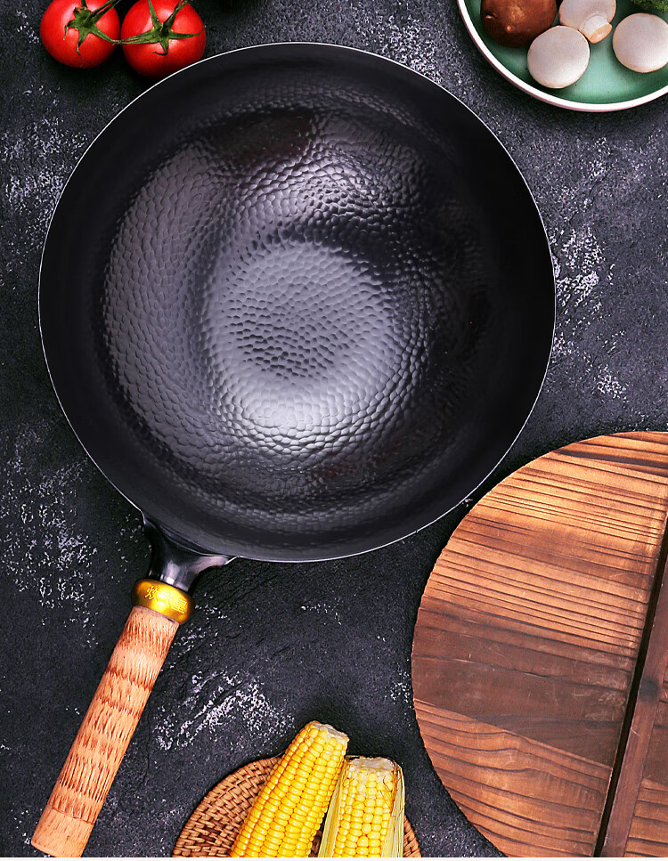 炊大皇32cm捶打铁锅无涂层炒锅圆底炒菜锅燃气灶明火专用赠送铲勺b