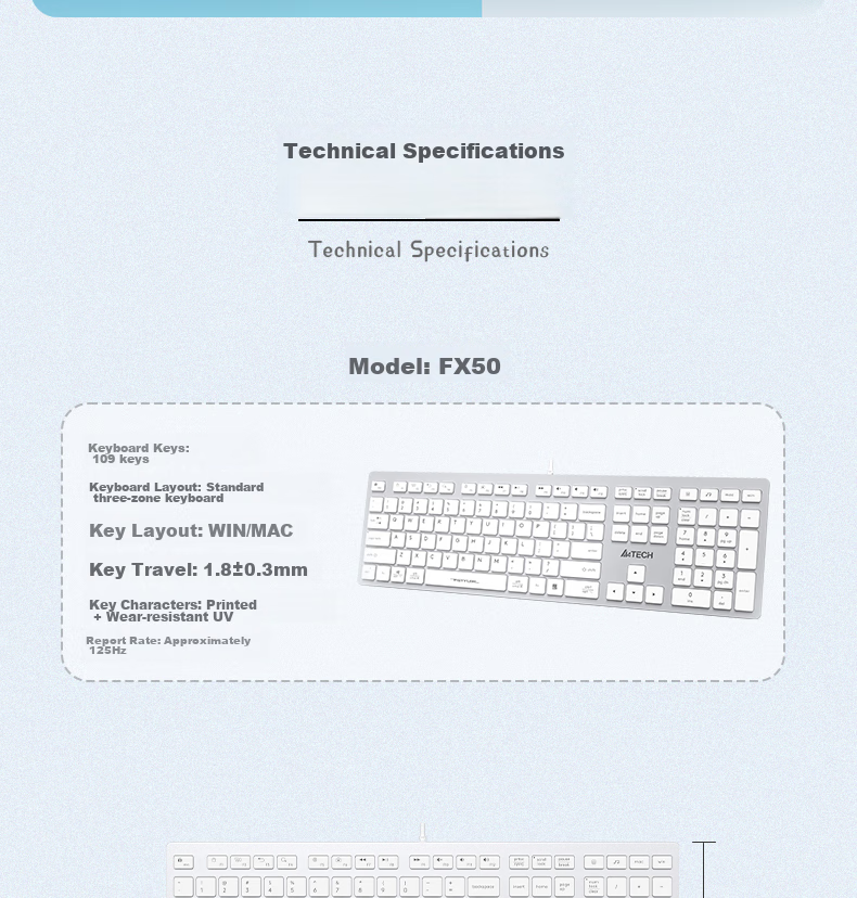 A4TECH FX50, 109-Key Wired Keyboard, Thin Film Quiet Keyboard, Computer Keyboard, Mac Keyboard, Office Typing, Good Hand Feel, Fei Shidai, Scissor Foot Keyboard, Ivory White, Wired 10