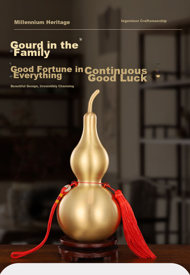 Binyue Brass Gourd Ornament, Open Gourd Pendant with Cinnabar, Living Room Entrance Office Decoration, Approximately 11 Cm Tall 4