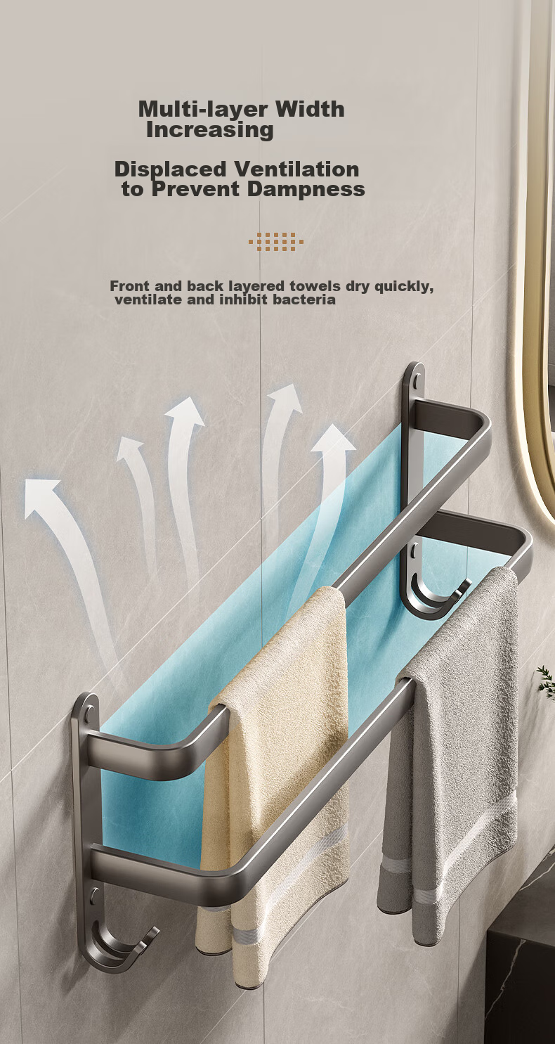 Baihan Towel Rack, Space Aluminum, No Drilling Required, Wall-Mounted Bathroom Storage Shelf with Hooks, Organizer Hanger Rod 3