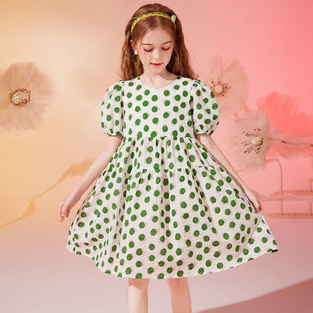 ASK JUNIOR Girls' Dress, Summer 2024 Thin Style, for Older Children, Fashionable Polka Dot Print, Pure Cotton Princess Dress, Green, Size 160