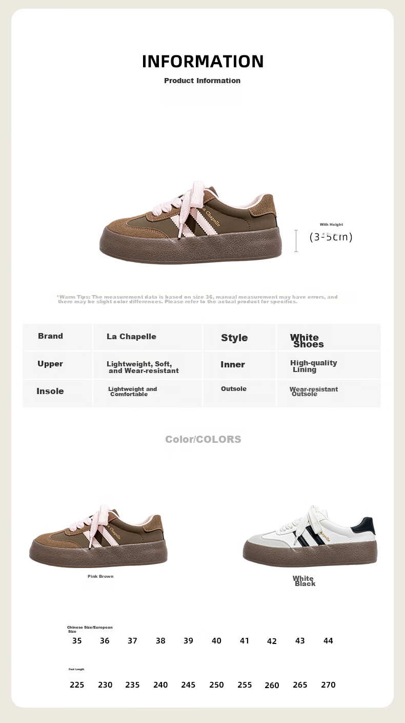 La Chapelle Women's Spring New Derby Shoes Thick Sole Casual Low-top Lightweight Sneakers Beige/Silver 36 3