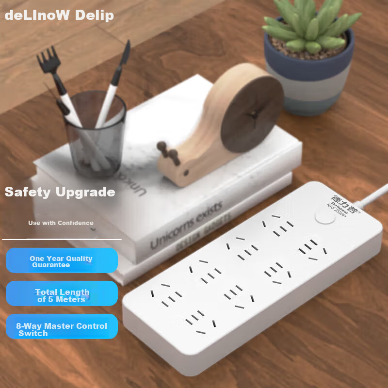 Delipow New National Standard Safe Power Strip, 8 Outlets with Master Switch, 5 Meters, Home And Office Extension Cord, Overload Protection, Phosphor Bronze, DLP-C1280 Safety Upgrade