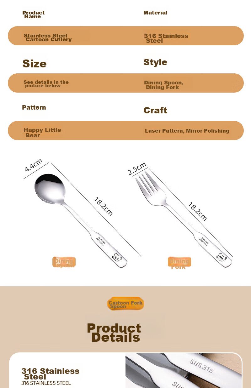 Edo 316 Stainless Steel Children's Fork And Spoon Set with Long Handles, Cartoon Design, Home Dining Utensils, 2-Piece Set, Bear Patter 7