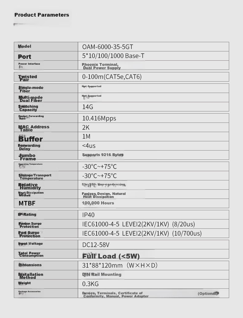 OAMLink Industrial Switch with 5 Ports, 100Mbps Economy Version, Surveillance Network Splitter OAM-6000 (M) 15