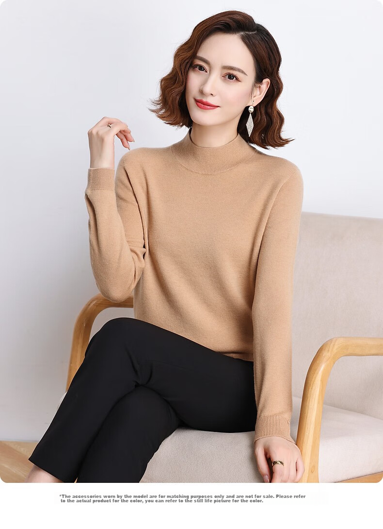 Hengyuanxiang 100% Pure Wool Sweater for Women, Semi-Turtleneck, Loose-Fitting Base Layer, Autumn And Winter Fashion Women's Knit Top 13