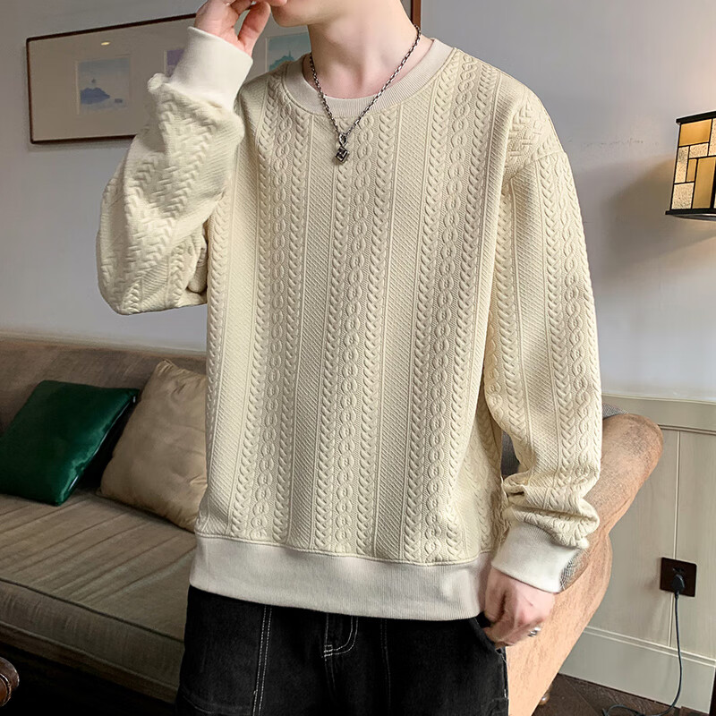 Dingfengbaoluo Men's Long-Sleeve T-Shirt, Spring Versatile Fashion Jacquard Sweatshirt, Loose Trendy Top, JE2221 Beige XL