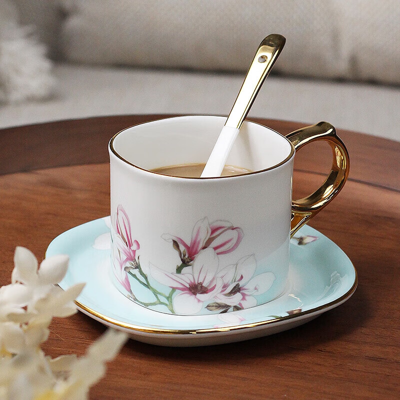 HG Guoci Bone China Coffee Cup And Saucer Set, European High-End Afternoon Tea Cup with Spoon, Premium Wedding Gift Fanghua