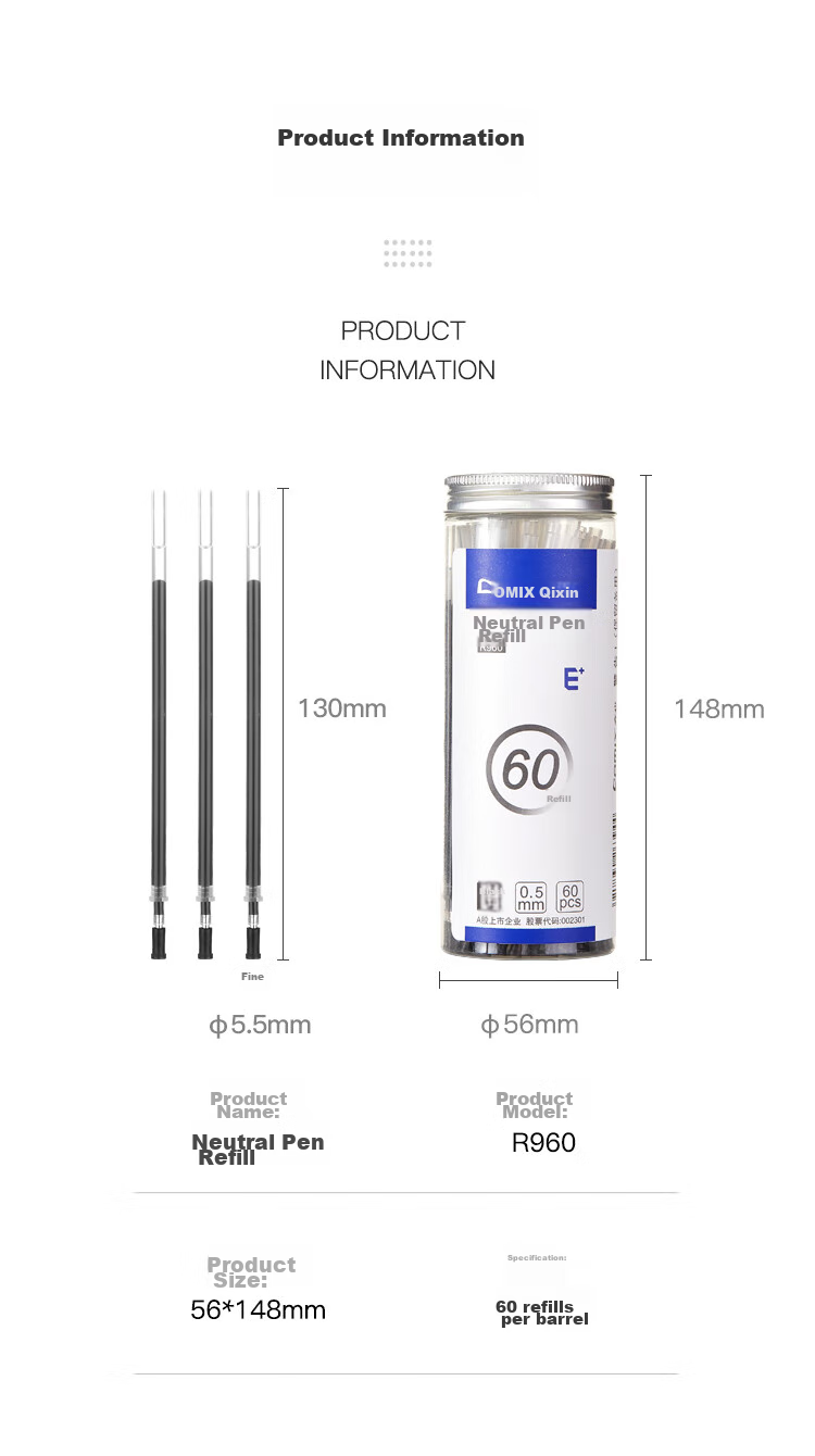 COMIX 60-Pack Pull-Out Cap Gel Pen Refills Bullet Tip R960 Black 0.5mm 6