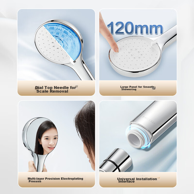 HEGII Shower Head, Easy-To Sliding Scale Descaling Handheld Multi-Function Large Panel Shower Head HMS202-120