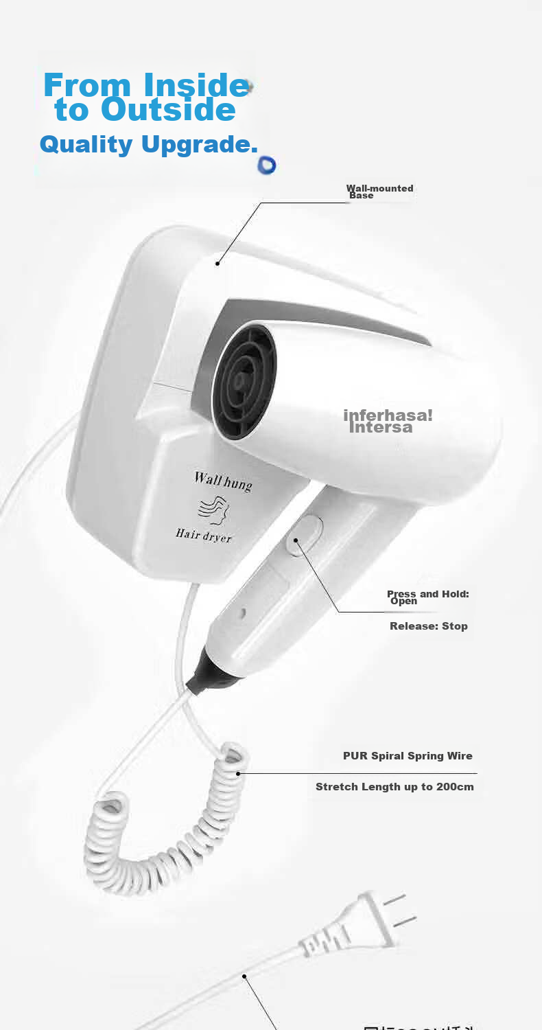 Interhasa! Hotel-Specific Hair Dryer, Wall-Mounted, for Guest Bathroom, Dryer Holder, Wall-Mounted Electric Hair Dryer Stand D90261 9