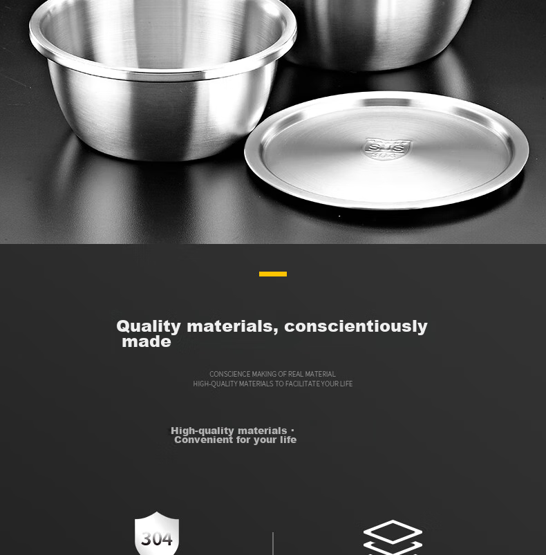YUTAI 304 Stainless Steel Bowl, Household Egg Beating Bowl, Cold Dish Mixing Bowl, Baking Bowl, Deep Soup Pot, Kitchen Vegetable Washing Bowl, WDG28 2