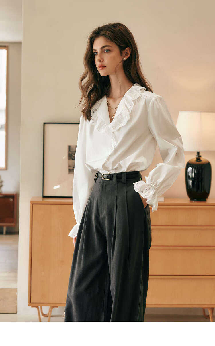 Olrain French Lace Shirt Women Autumn New Elegant Commuter Ruffled Collar Blouse Off-White S 6