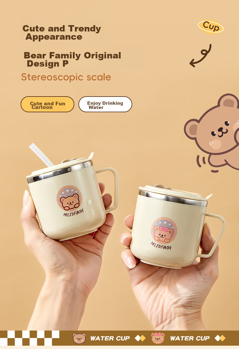WORTHBUY 316 Stainless Steel Children's Milk Cup, Baby Drinking Cup, Double-Layer Anti-Scalding with Scale And Straw Cup, Bear Desig 7
